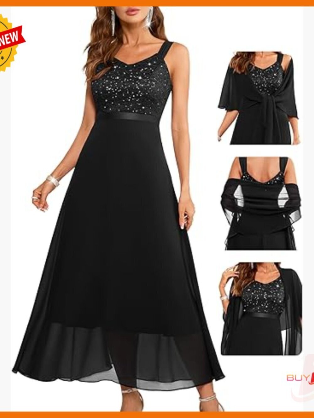 Elegant Lace Sequin Formal Dress with Shawl for Wedding Guest Prom